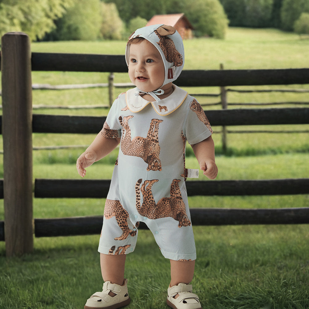 Peter Pan Collar eopard Embroidery Short Sleeve Romper in Blue (3mths-2yrs)