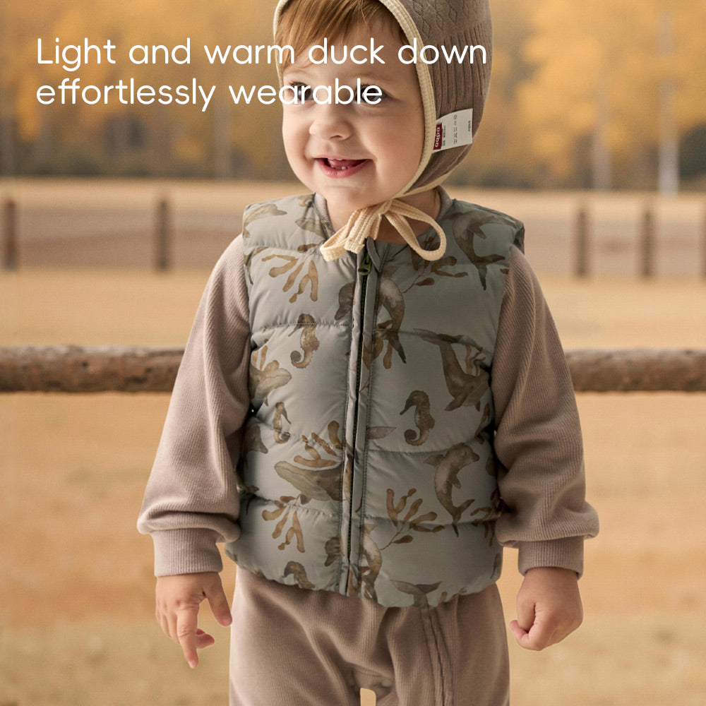 Lightweight Down Baby Vest with Woodland Print | Cozy Water-Repellent Gilet (0°C–10°C)