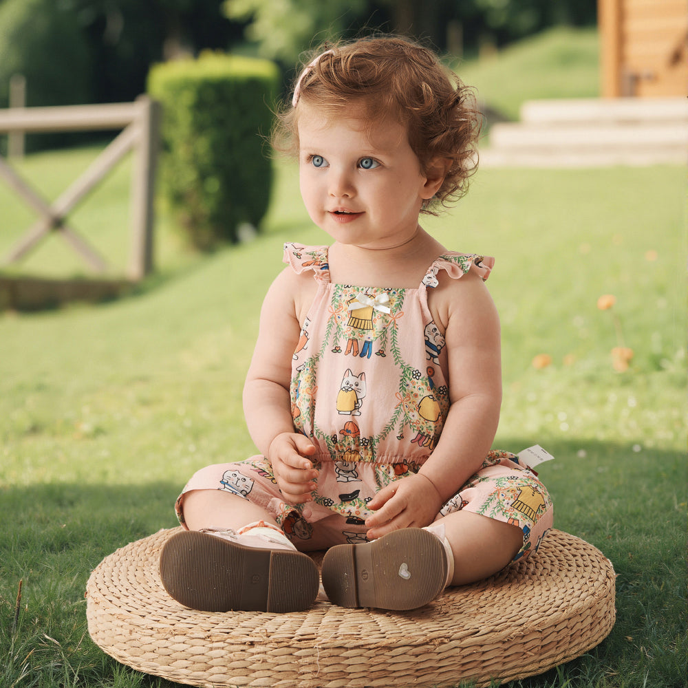 🐱 Kitty Garden Baby Romper – Soft Cotton with Ruffle Straps | Cute Baby Girl Jumpsuit 🌸
