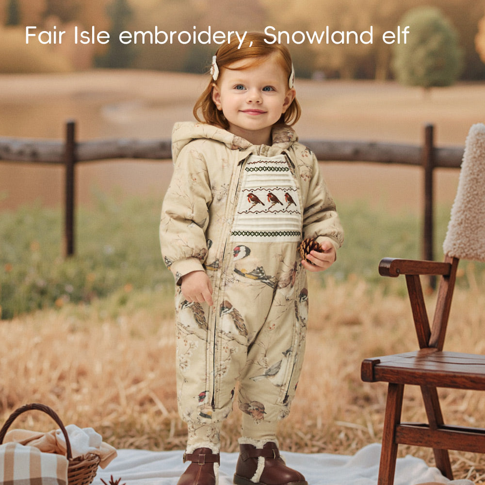 Baby Corduroy Bird Romper – 3-Layer “Sandwich” Thermal System | 160g Cotton Filling | Perfect for 5℃–15℃ Weather