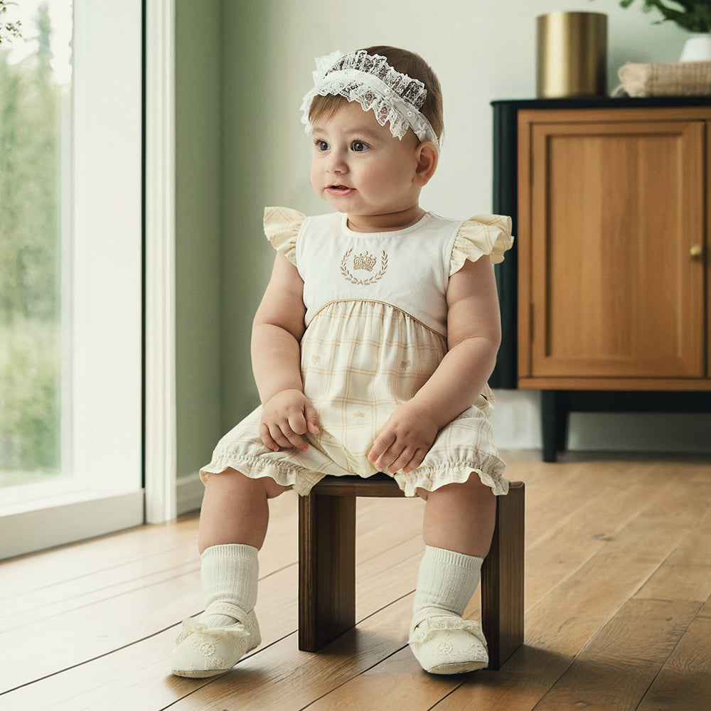 Baby romper with Crown Embroidery and Lace Details - Elegant and Comfortable for Special Occasions