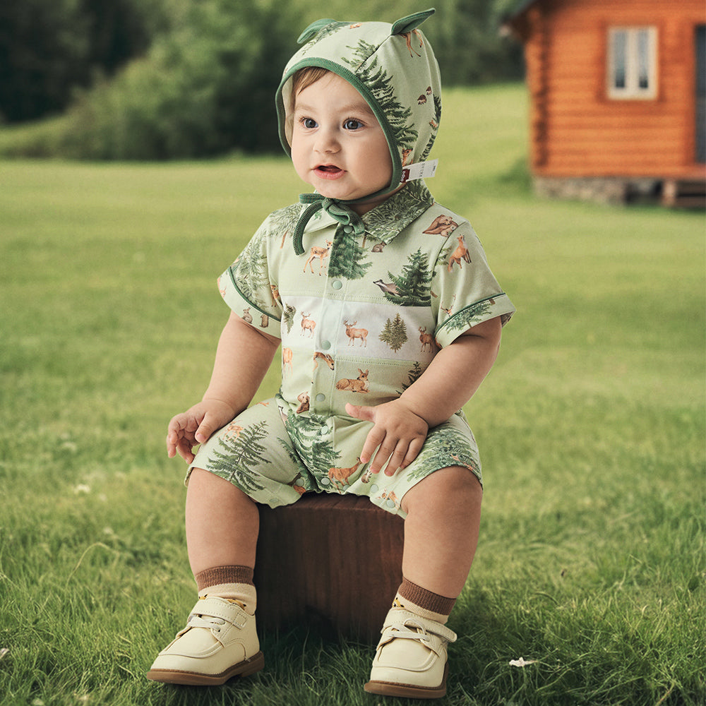 Collar Deer Embroidery Short Sleeve romper in Green