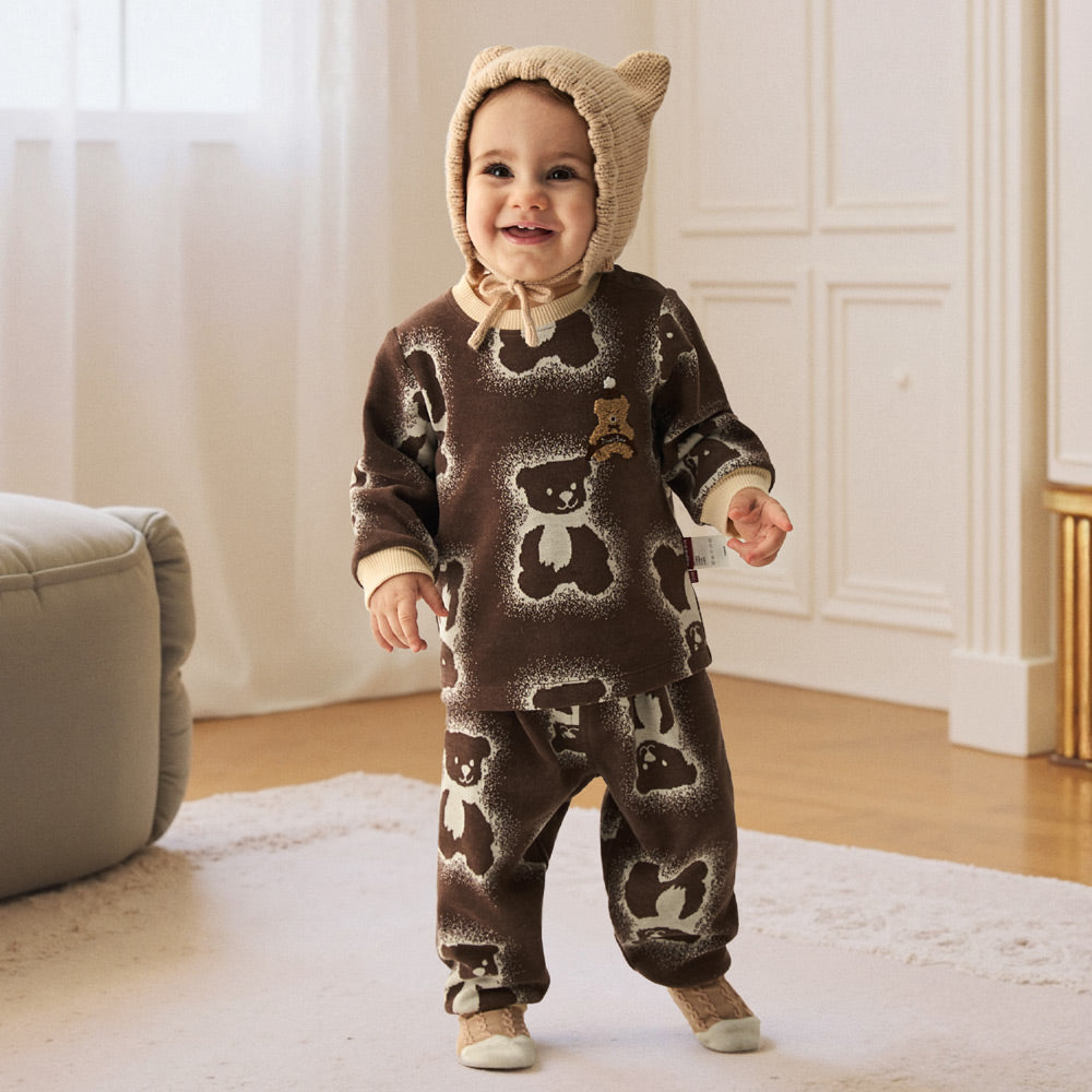 Teddy Bear Knit Set | Dual-Tone Yarn | Textured Jacquard Baby Outfit