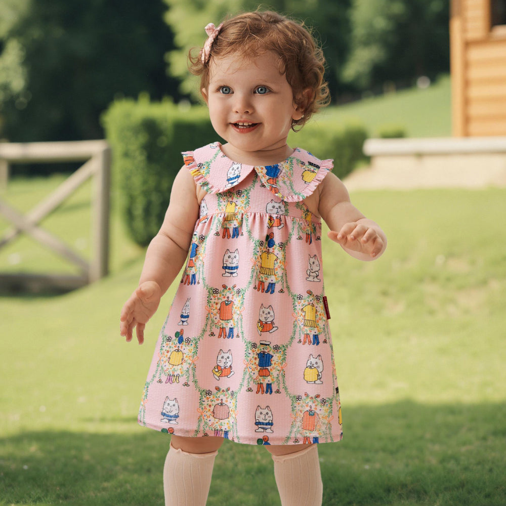 🐱 Kitty Playtime Baby Dress 🌸 Soft Cotton with Ruffle Collar | Baby Girl Summer Dress