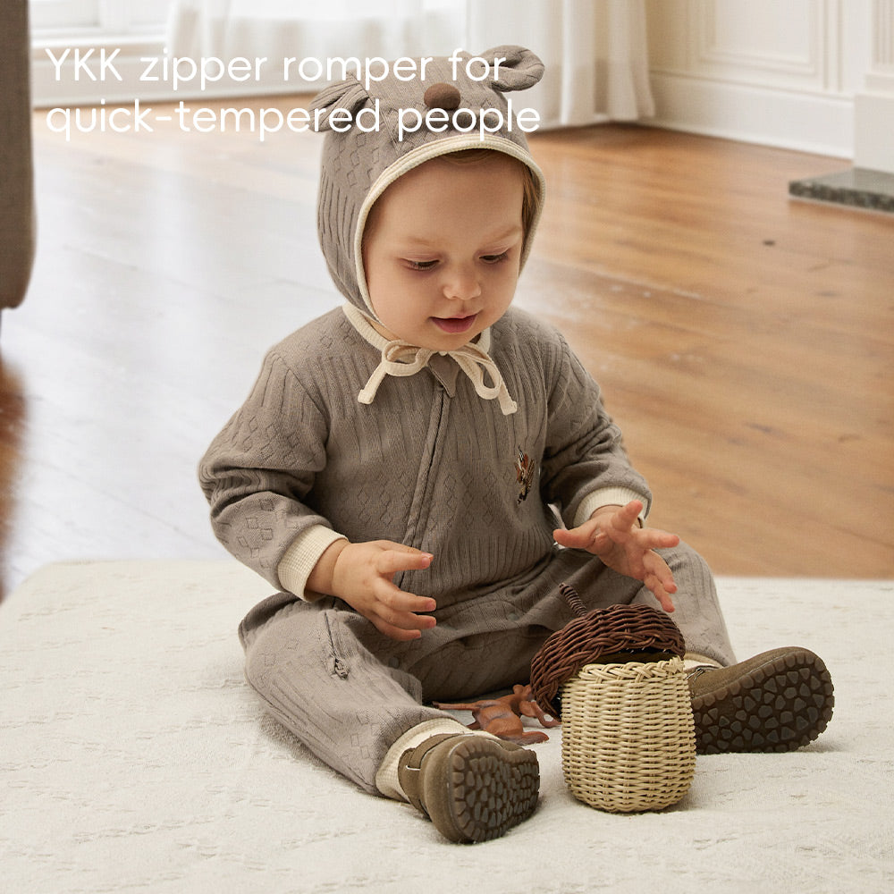 Knit Texture + Embroidered Patch + Two-Way Zipper Baby Romper
