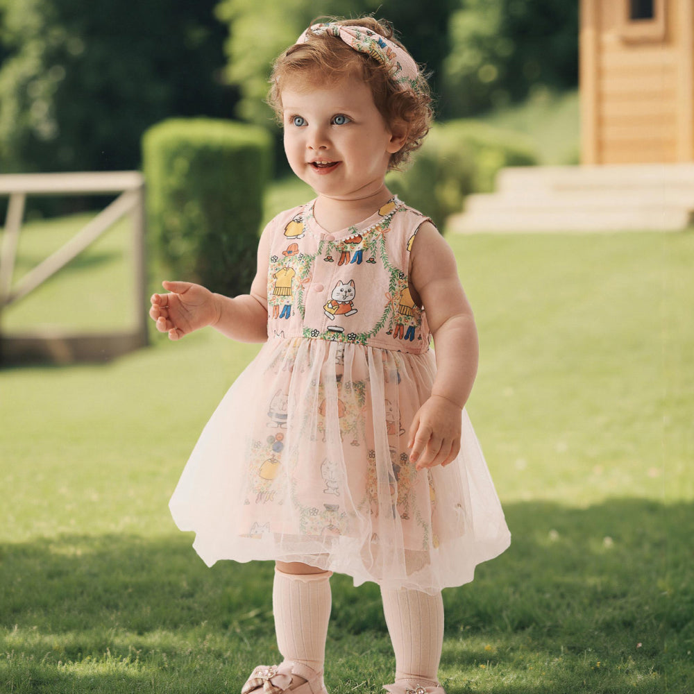🐾 Kitty Garden Baby Dress 🌸 Soft Cotton with Tulle Skirt & Ruffle Details | Cute Baby Girl Dress for Special Moments ✨