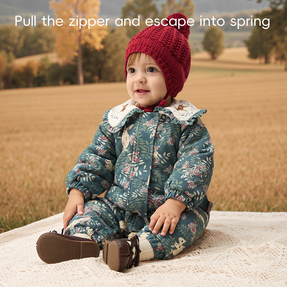 Baby Floral Puffer Romper – 3-Layer Thermal Cotton Jumpsuit for 5℃–15℃ Weather