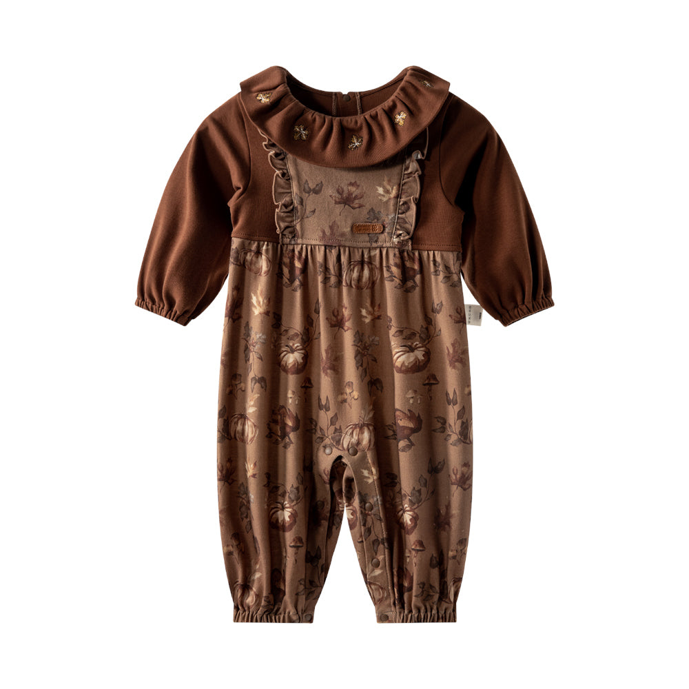 Embroidered Ruffle Collar Baby Jumpsuit with Pleated Waist