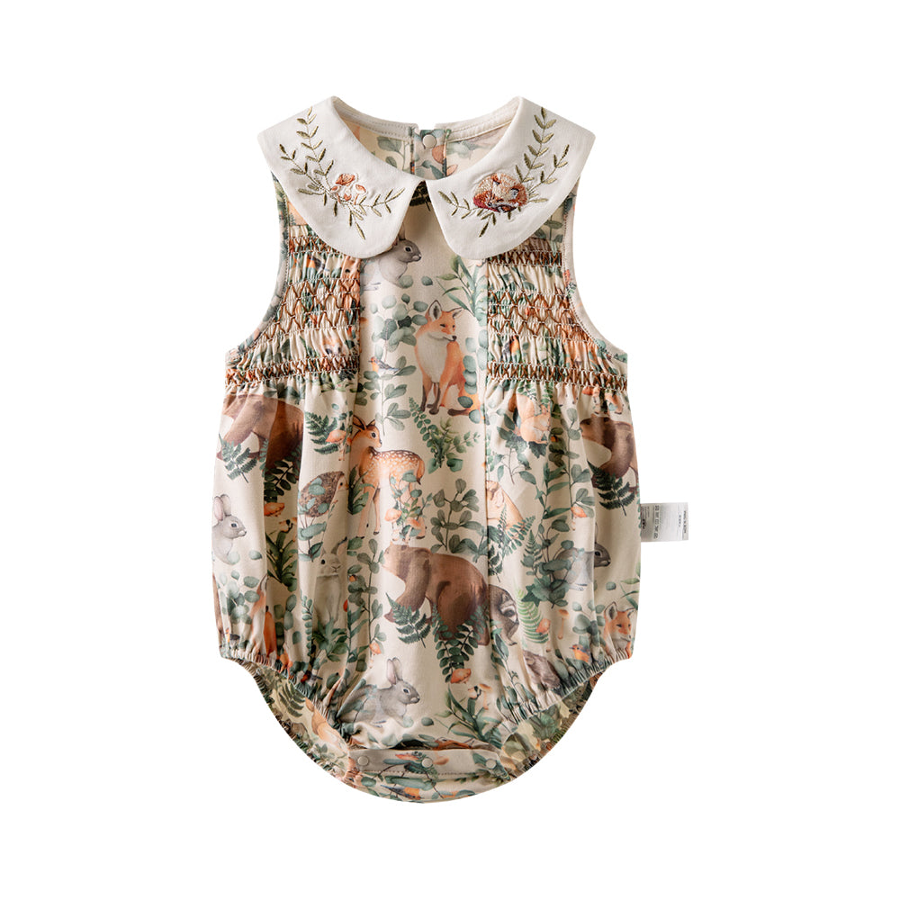 🍃 Forest Friends Smocked Romper | Soft Modal Magic