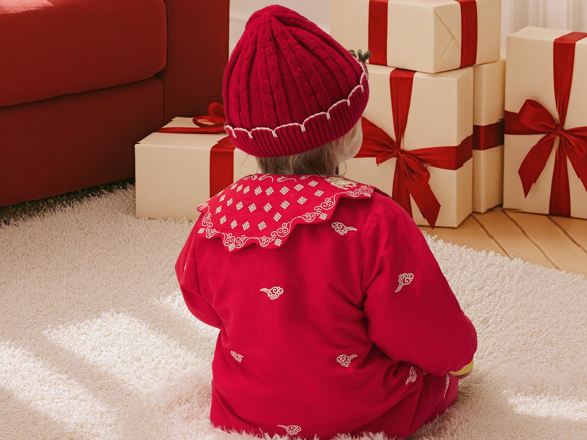 Festive Red Zipper Baby Romper | Soft Fleece-Lined Cotton One-Piece for Cool Weather (0°C–15°C)