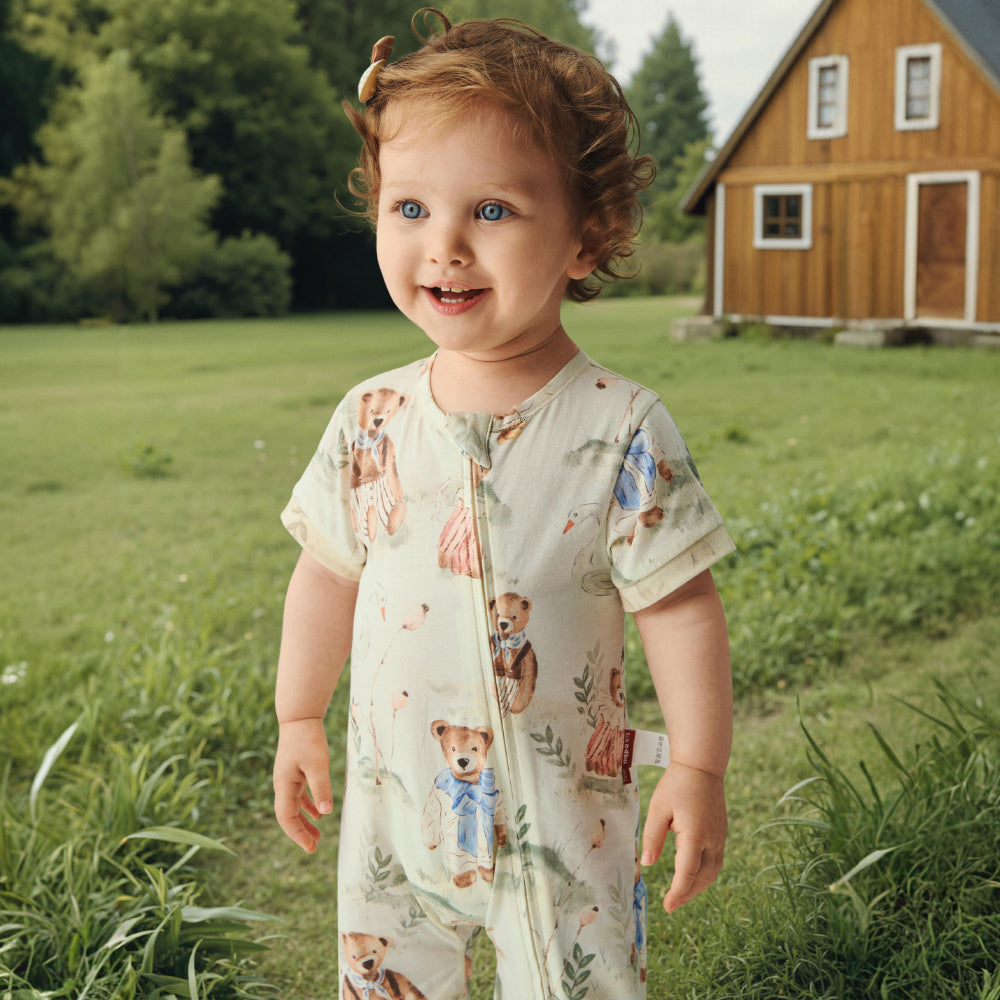 🌸 Soft Cotton Blend Baby Zip-Up Romper | Cute Teddy Bear Print | Breathable & Comfortable 🌿