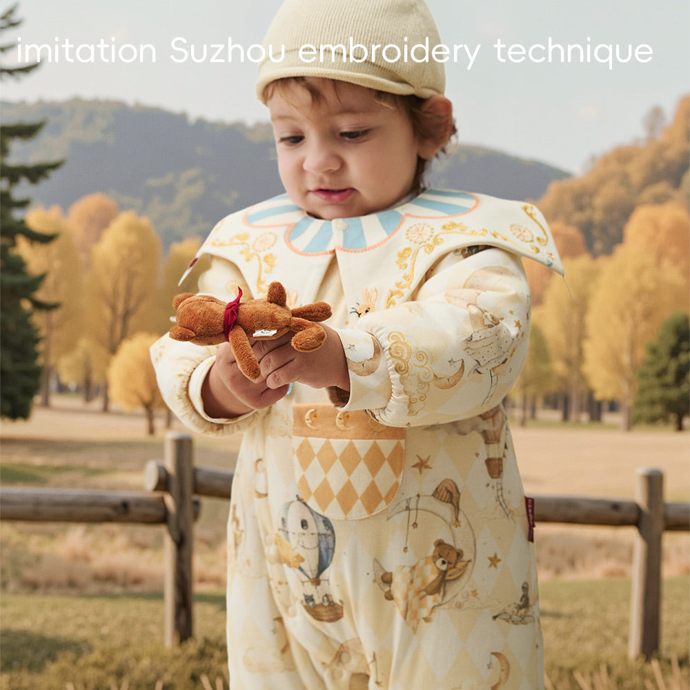 Vintage-Inspired Cotton Baby Romper with Peter Pan Collar | Cozy Storybook Print One-Piece (5°C–15°C)