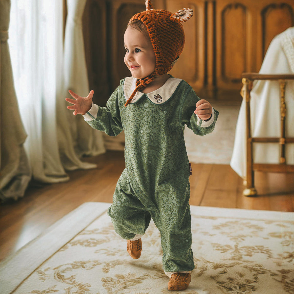 🌿 Baby Long Sleeve Jumpsuit – Embossed Jacquard Fabric for a Luxe Look