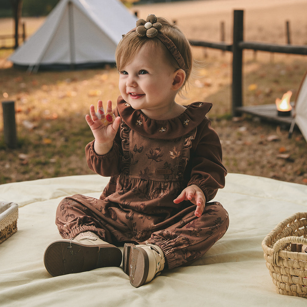 Embroidered Ruffle Collar Baby Jumpsuit with Pleated Waist