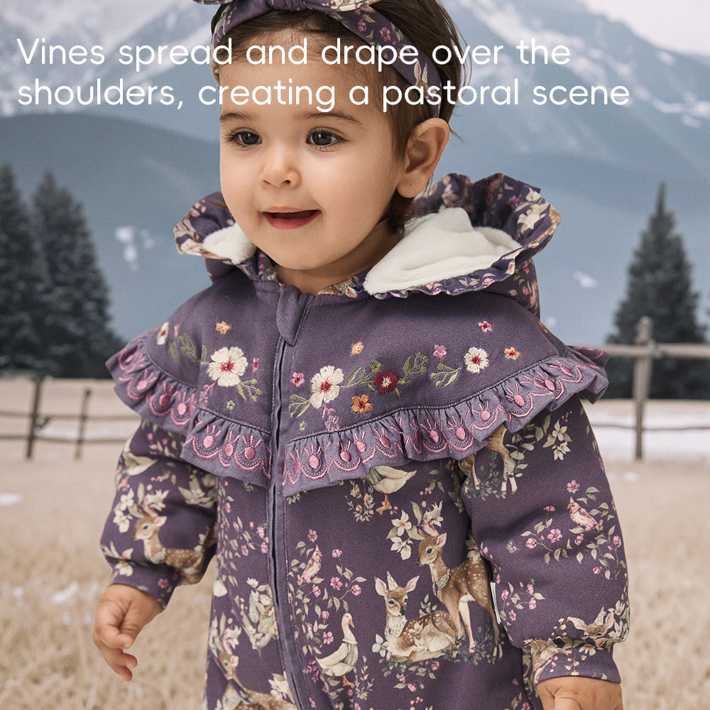 Floral Embroidered Cotton Baby Romper | Cozy Hooded One-Piece with Ruffle Cape (5°C–15°C)