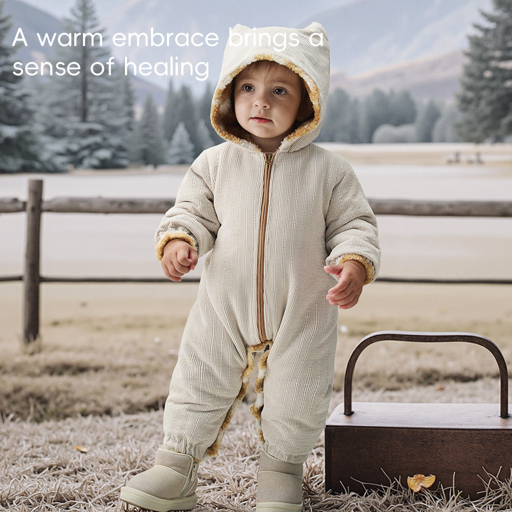 Soft Fleece Baby Romper with Checkered Design | Cozy Hooded One-Piece for Cool Weather (5°C–15°C)