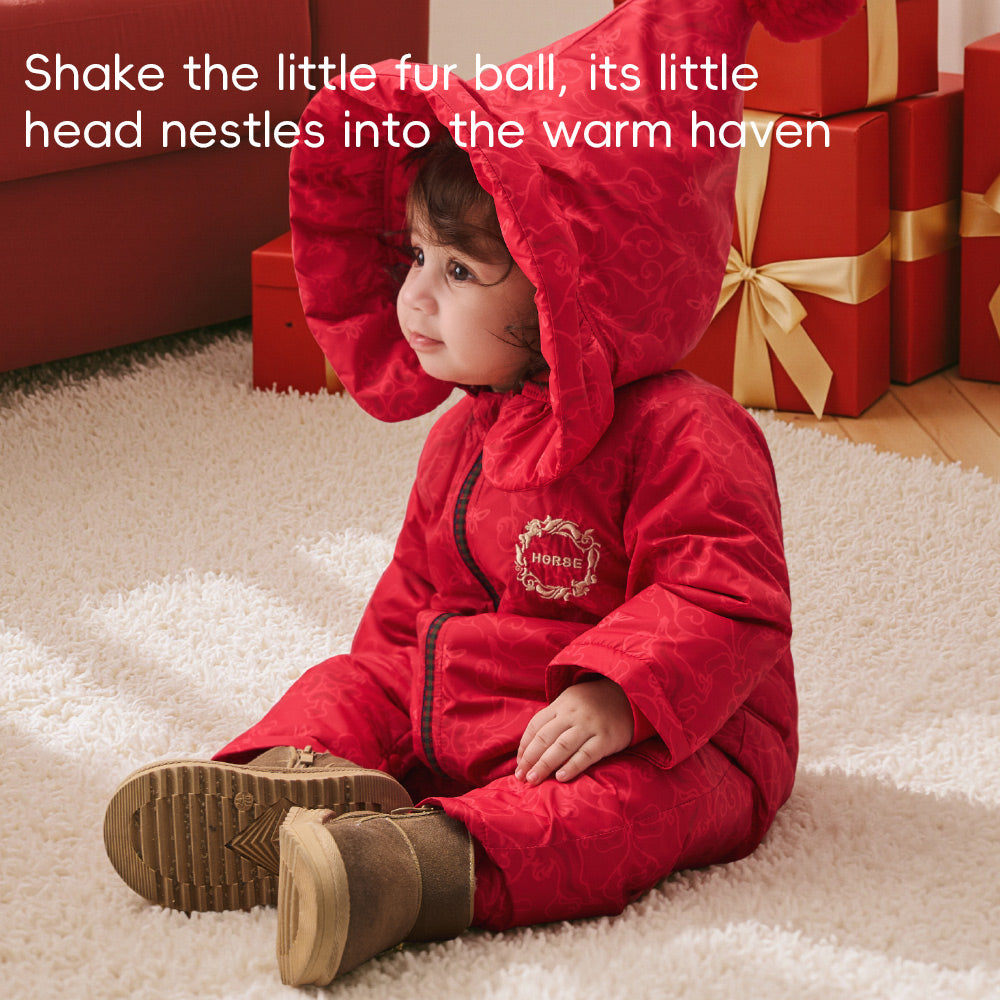 Water-Repellent Red Baby Jacket | Soft Padded Winter Coat with Festive Jacquard (5°C–15°C)