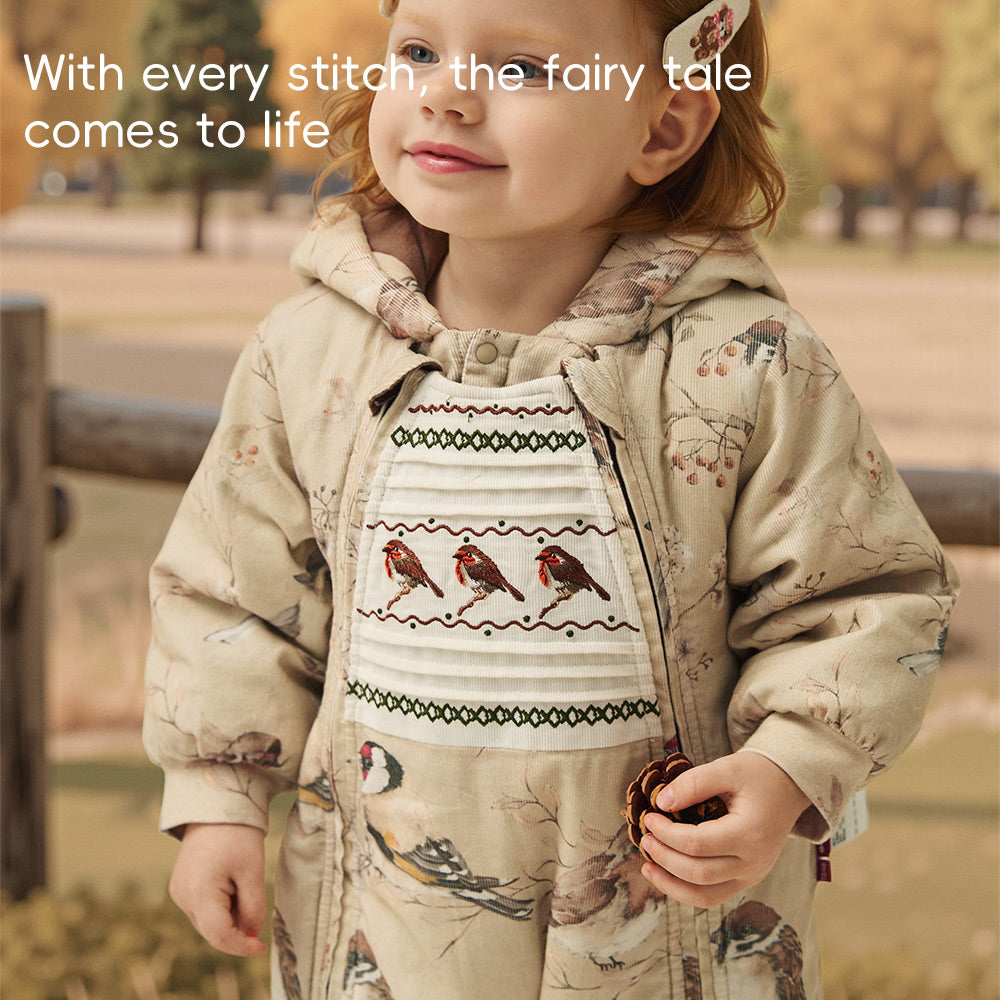 Baby Corduroy Bird Romper – 3-Layer “Sandwich” Thermal System | 160g Cotton Filling | Perfect for 5℃–15℃ Weather