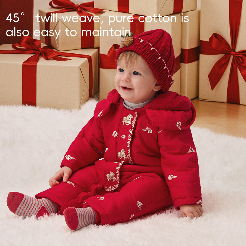Soft Cotton Baby Romper in Festive Red | Cozy Fleece-Lined One-Piece for Cool Weather (0°C–15°C)