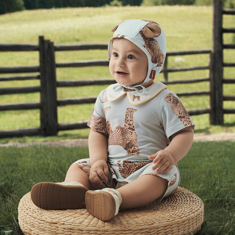 Peter Pan Collar eopard Embroidery Short Sleeve Romper in Blue (3mths-2yrs)