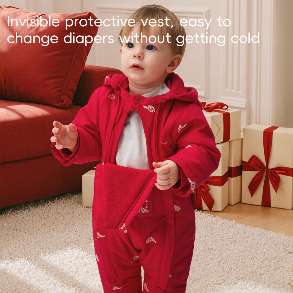 Festive Red Baby Romper with Scarf Hood | Soft Fleece-Lined Cotton One-Piece (0°C–15°C)