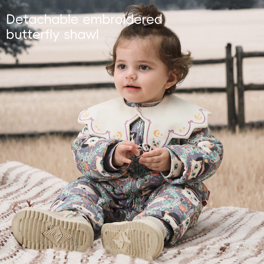 Cozy Cotton Baby Romper with Magical Cat Print | Soft Winter One-Piece for 0°C–15°C