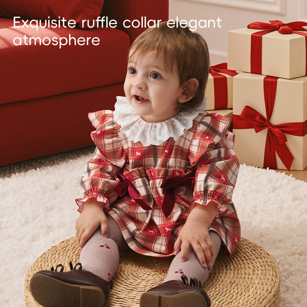 Organic Cotton Plaid Baby Romper Dress | Soft One-Piece with Lace Collar & Built-In Bodysuit