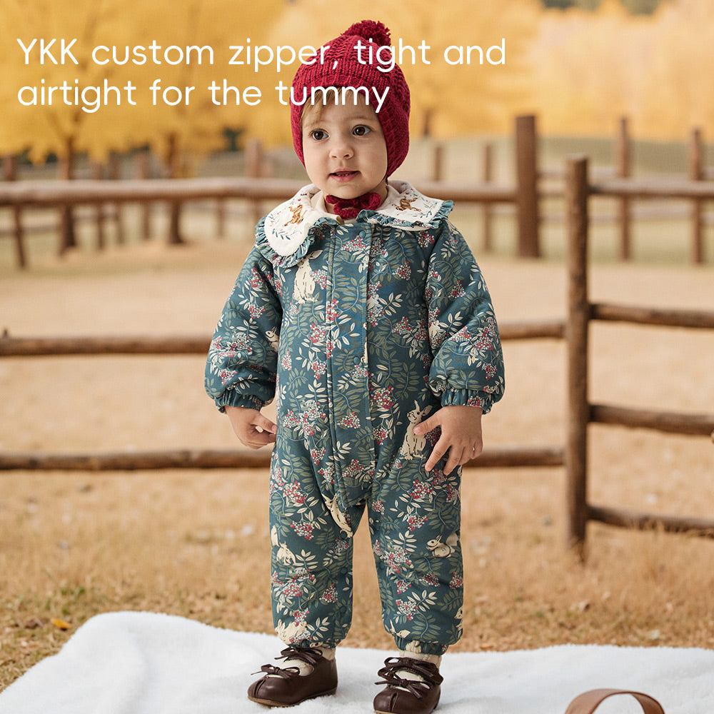 Baby Floral Puffer Romper – 3-Layer Thermal Cotton Jumpsuit for 5℃–15℃ Weather