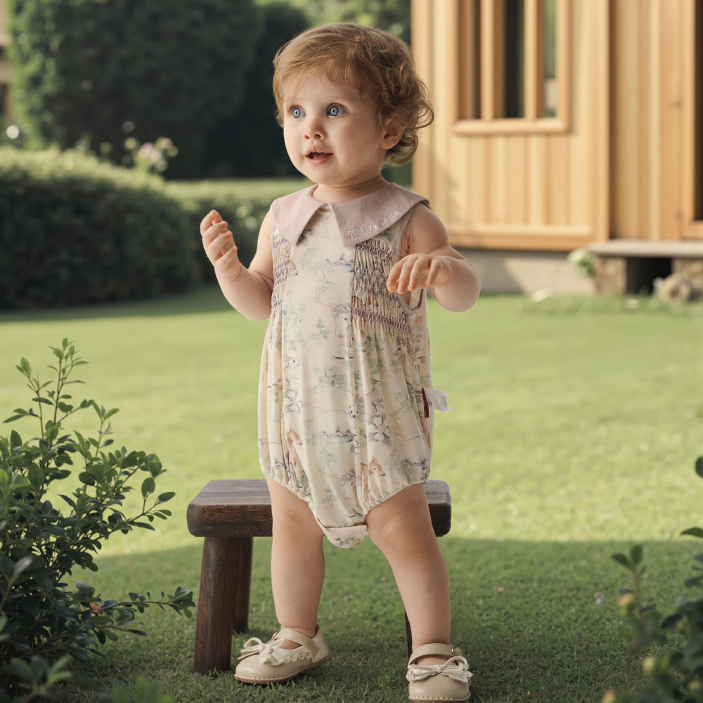 🌿 Woodland Smocked Baby Romper | Ultra-Soft Modal