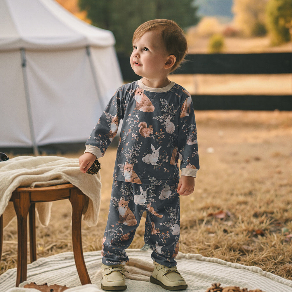 🍂 Woodland Dreams – Cotton Baby Lounge Set with Bunny & Squirrel Print