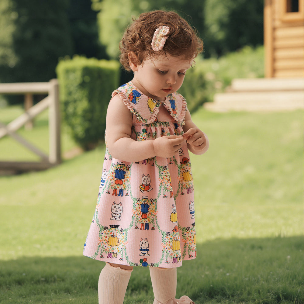 🐱 Kitty Playtime Baby Dress 🌸 Soft Cotton with Ruffle Collar | Baby Girl Summer Dress