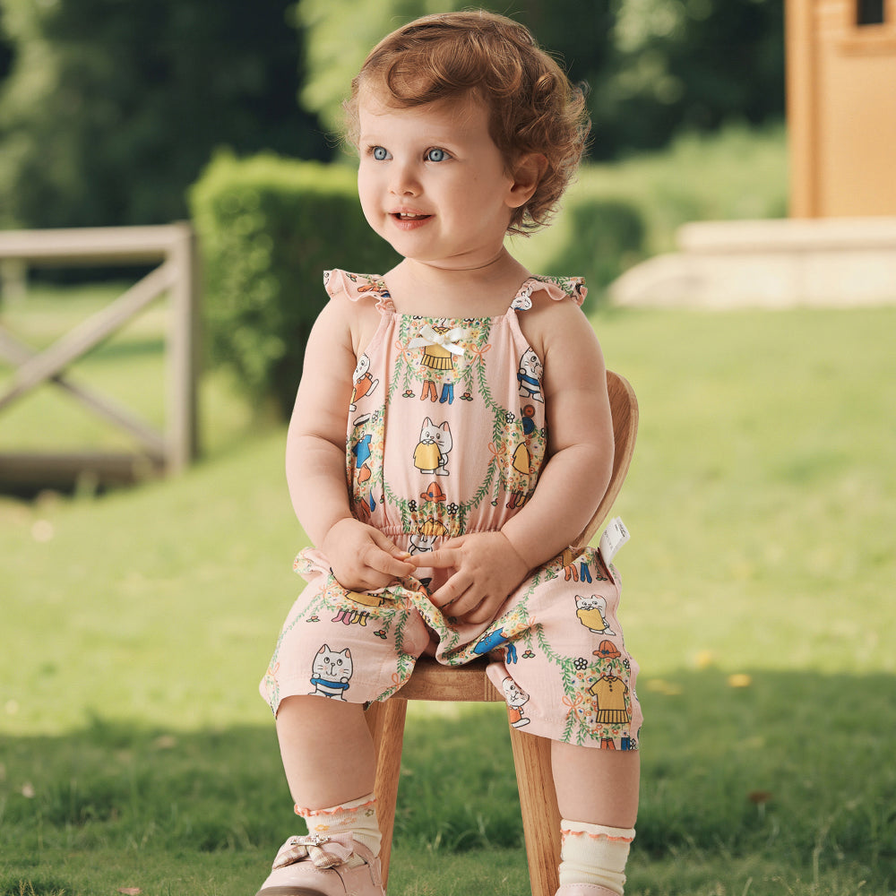 🐱 Kitty Garden Baby Romper – Soft Cotton with Ruffle Straps | Cute Baby Girl Jumpsuit 🌸