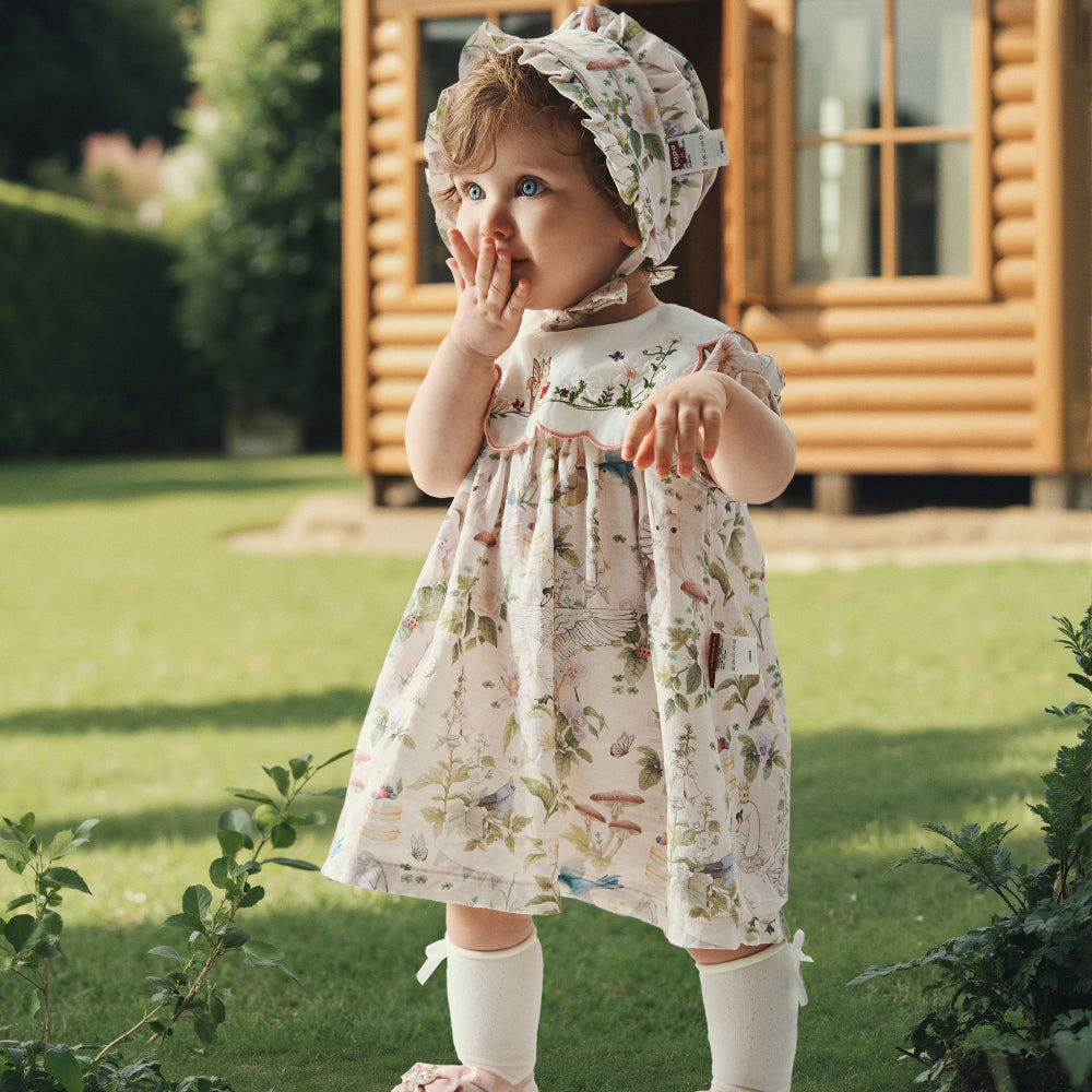 Cottage Garden Cotton Baby Dress with Embroidered Bib