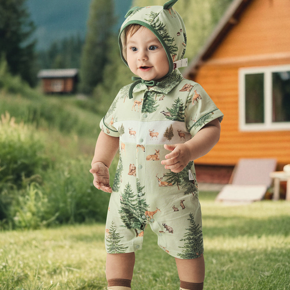Collar Deer Embroidery Short Sleeve romper in Green