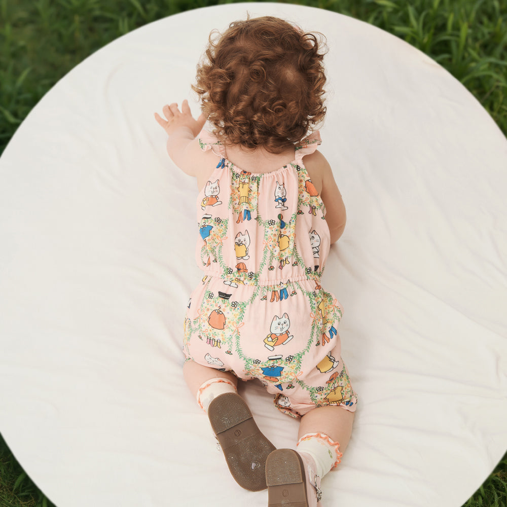 🐱 Kitty Garden Baby Romper – Soft Cotton with Ruffle Straps | Cute Baby Girl Jumpsuit 🌸