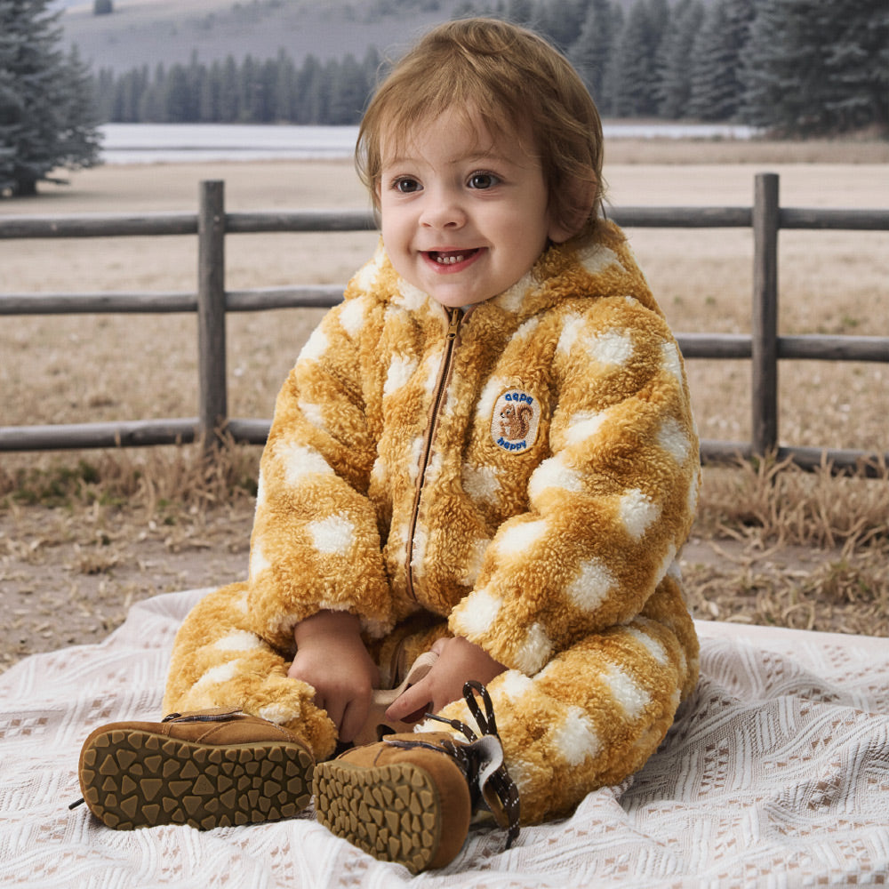 Soft Fleece Baby Romper with Checkered Design | Cozy Hooded One-Piece for Cool Weather (5°C–15°C)