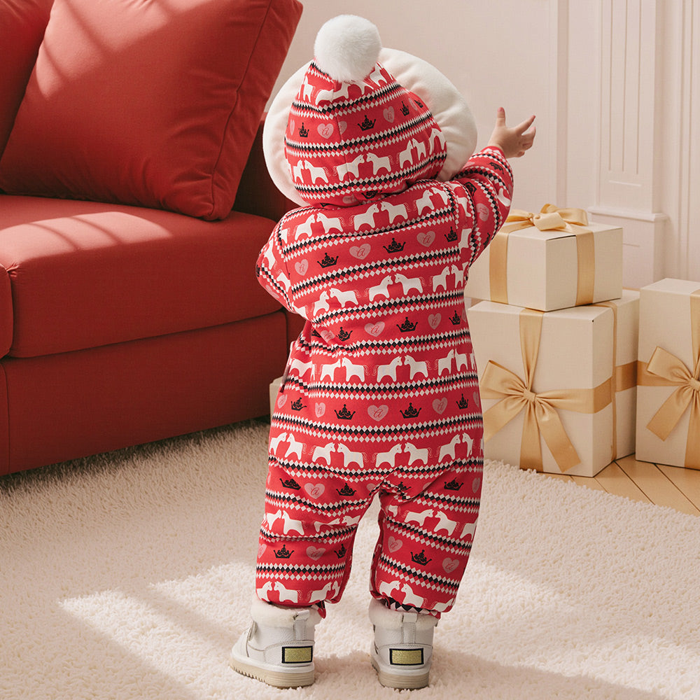 Nordic Fair Isle Baby Romper in Festive Red | Soft Padded One-Piece for Cool Weather (5°C–15°C)