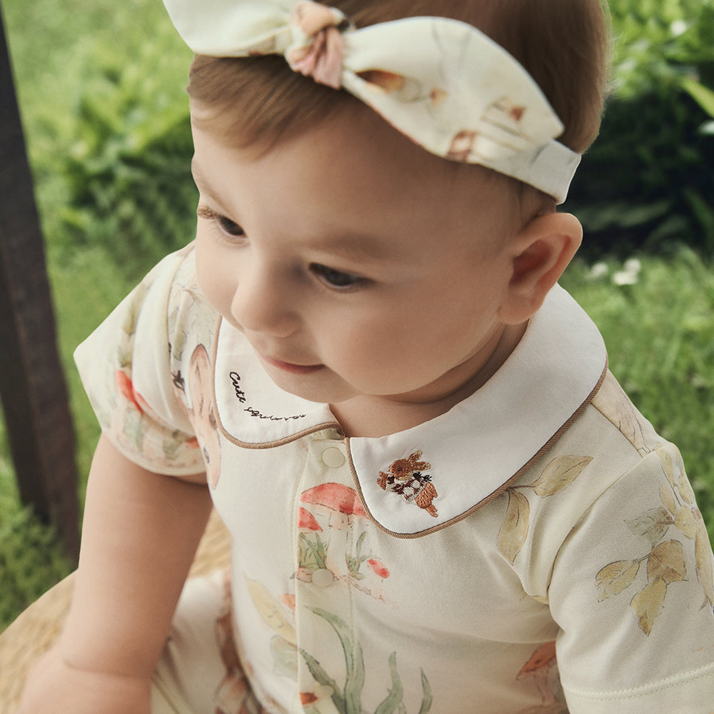 Cotton Baby Romper for 1-Year-Old – Soft Woodland Animal One-Piece with Peter Pan Collar | Summer Short Sleeve Outfit for Boys and Girls