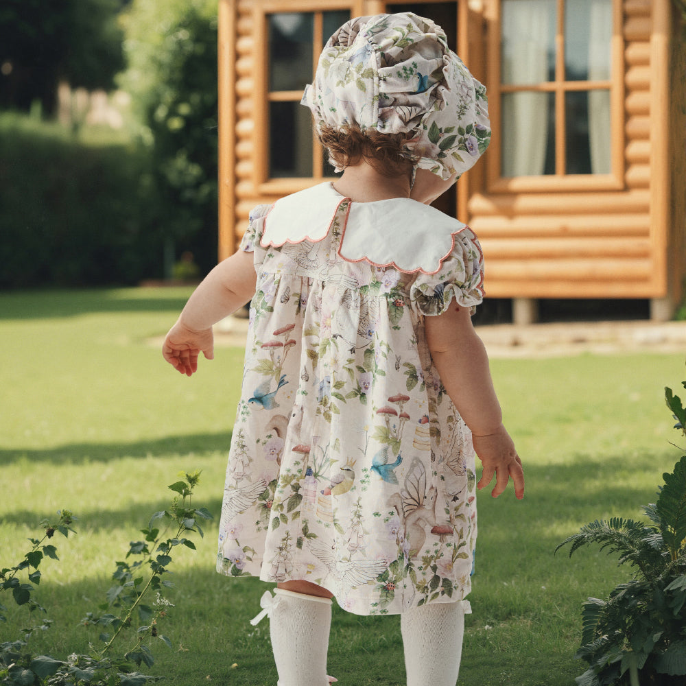 Cottage Garden Cotton Baby Dress with Embroidered Bib