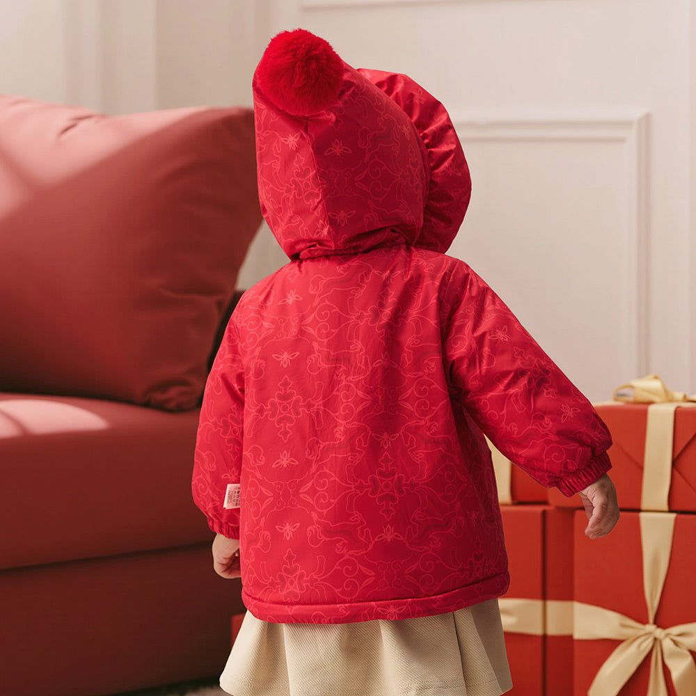 Water-Repellent Cotton Baby Jacket in Festive Red | Cozy Lightweight Coat for Cool Weather (5°C–15°C)