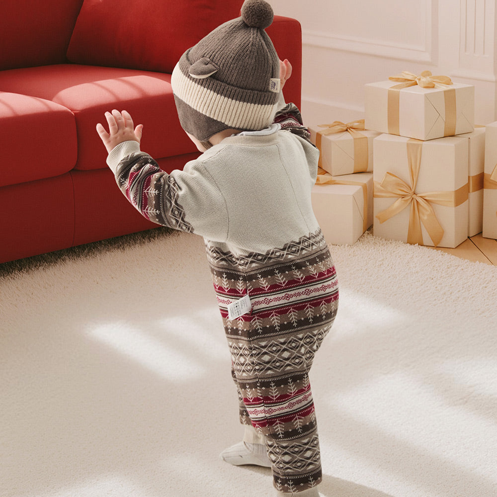 Fleece-Lined Baby Romper with Fair Isle Knit Print | Cozy One-Piece for Mild Winter (10°C–20°C)