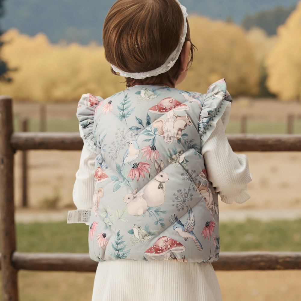 Lightweight Down Baby Vest with Floral Woodland Print | Cozy Layering Piece for Cool Weather (0°C–10°C)