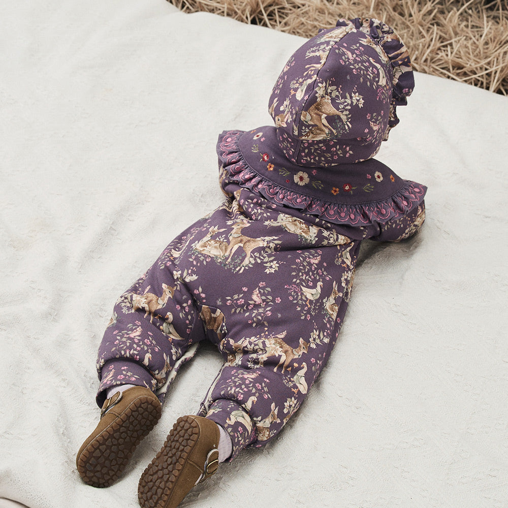 Floral Embroidered Cotton Baby Romper | Cozy Hooded One-Piece with Ruffle Cape (5°C–15°C)