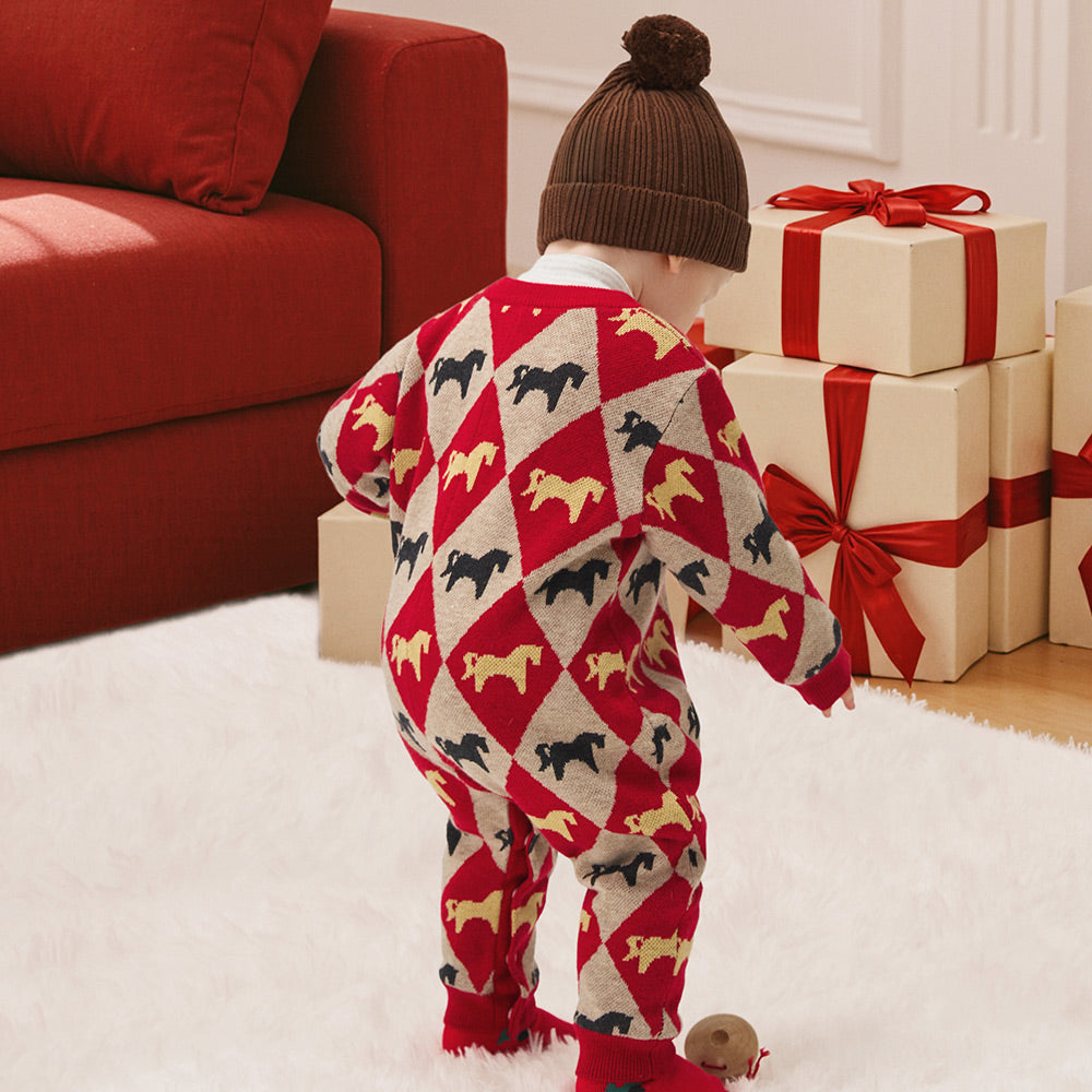 Fair Isle Knit-Look Baby Romper with Fleece Lining | Cozy Holiday One-Piece (10°C–20°C)
