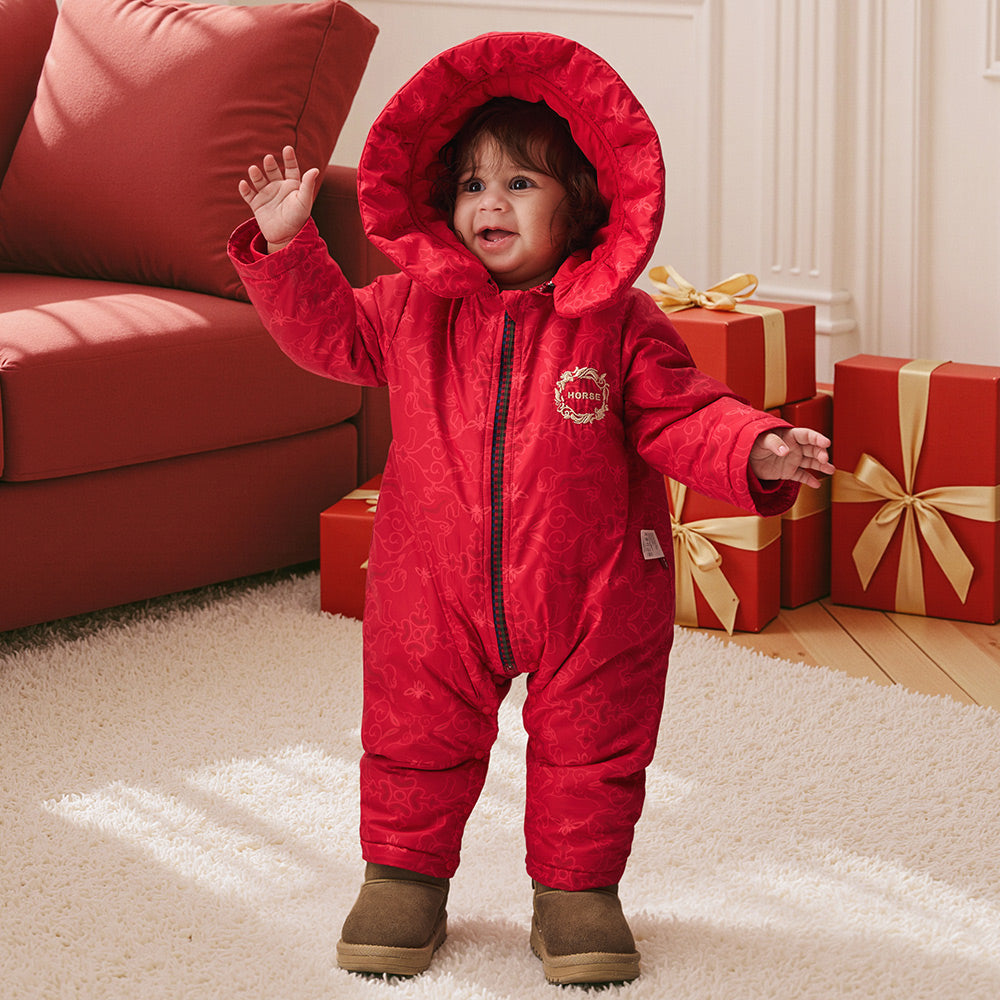 Water-Repellent Red Baby Jacket | Soft Padded Winter Coat with Festive Jacquard (5°C–15°C)