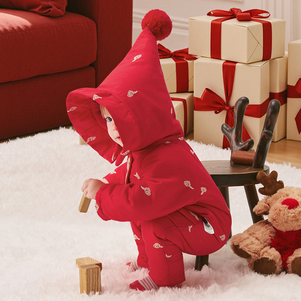 Soft Cotton Baby Romper in Festive Red | Cozy Fleece-Lined One-Piece for Cool Weather (0°C–15°C)