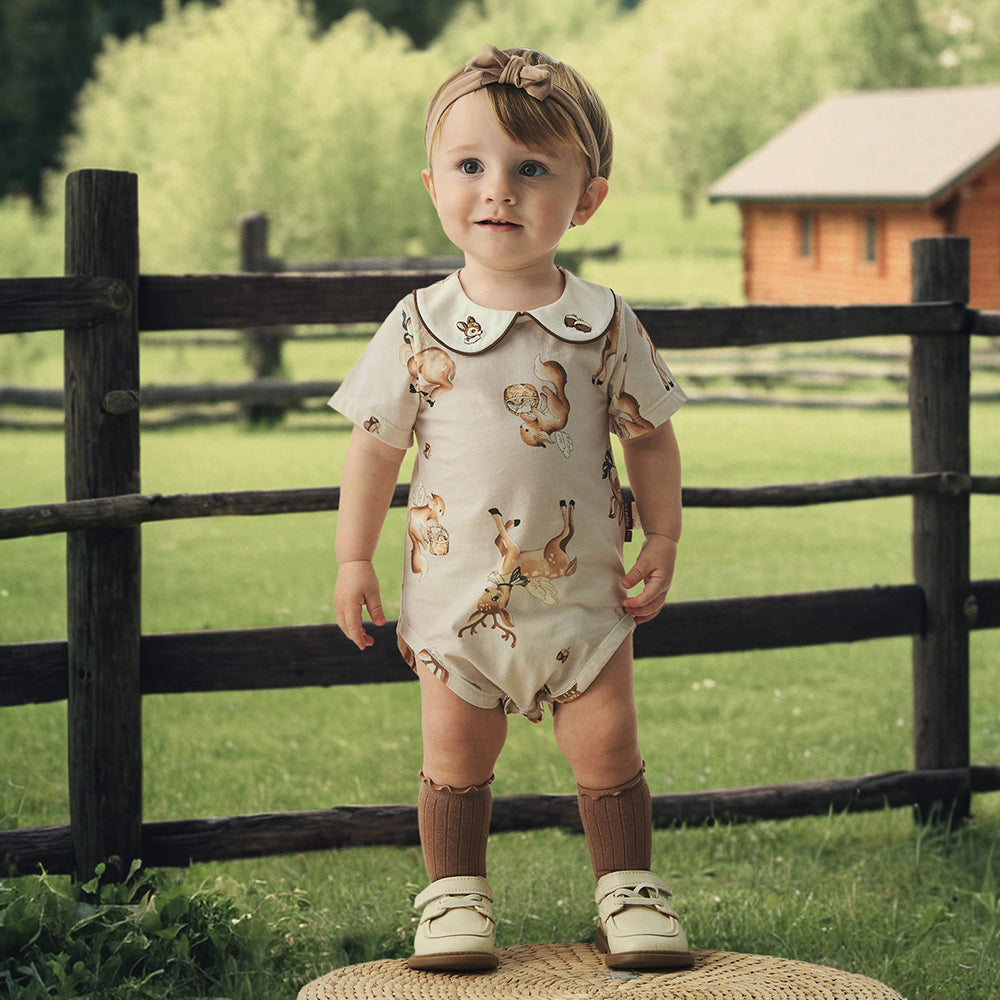 Peter Pan Collar Deer Embroidery Short Sleeve Bodysuit