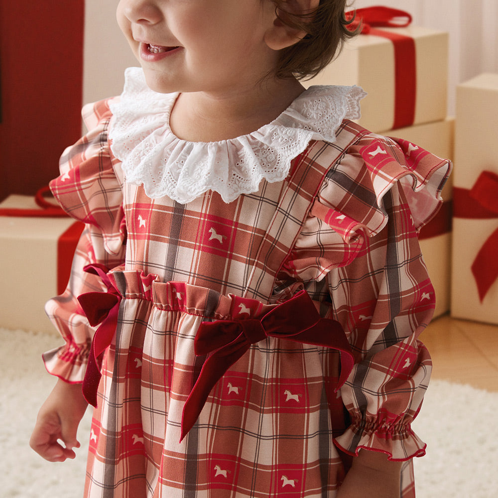 Organic Cotton Plaid Baby Romper Dress | Soft One-Piece with Lace Collar & Built-In Bodysuit