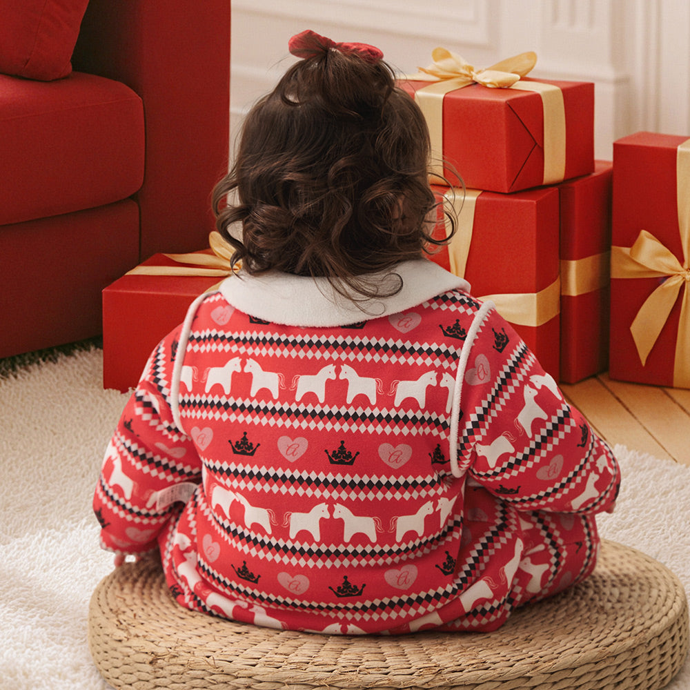 Festive Fair Isle Baby Romper in Red | Cozy Cotton One-Piece with Contrast Collar (5°C–15°C)