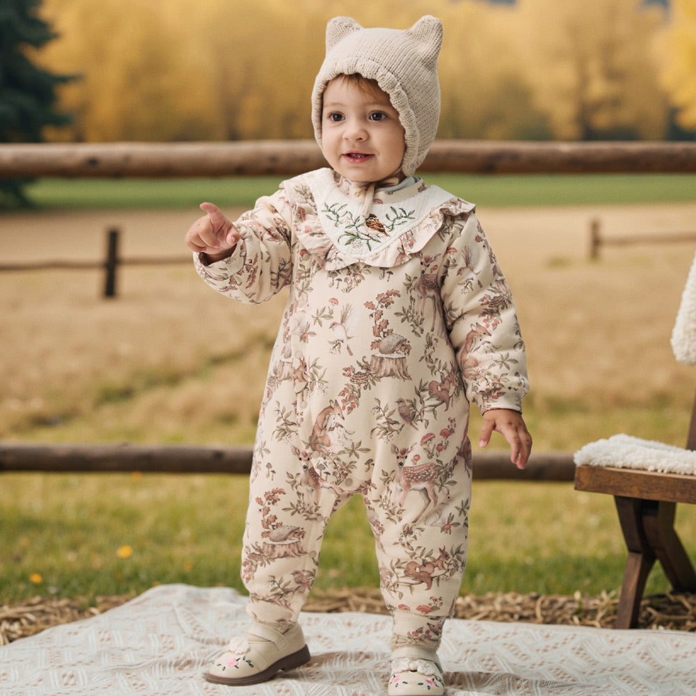 Floral Garden Cotton Baby Romper with Embroidered Collar | Cozy Padded One-Piece (5°C–15°C)
